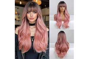 ‎ESMEE Esmee 24 Zoll Lange Lockige Haar Perücken für Frauen Ombre Farbe Schwarz bis Rosa Natürlich Synthetische Hitzebeständige Perücken mit Pony
