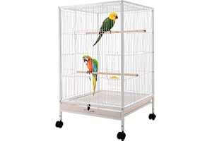 Fågelbur med hjul 46 × 46 × 94 cm Rymlig fågelvolär med fällbart tak, sittstänger och matlåda, för undulater och små papegojor