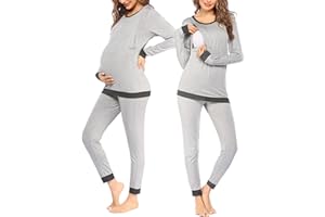 Ekouaer Still Pyjama Damen Schlafanzug Schwangerschaft Langarm Gestreift Thermo Umstandsschlafanzug Set Winter, S-XXL