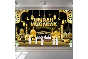Luvart Umrah Mubarak Backdrop Decoration - Large Banner Decor for Indoor Outdoor, Black Gold Religious Backdrop for Islamic Muslim 180 x 115cm