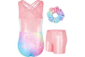 JiAmy Maillot Gimnasia Ritmica para Niña, Maillot Disfraz Gimnasta Sin Mangas Espalda cruzada Maillot Ballet Incluyendo Hairband Pantalones cortos Niña de 3 a 12 años