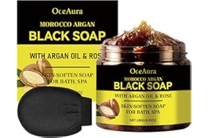 EKUKEON 2 Pezzi Sapone Nero Marocco con Guanto Esfoliante Corpo,Sapone Nero Marocco con Argan e Rose,Morocco Black Soap,100% Sapone Nero Marocchino Organico,Peeling Gel Doccia per Pelle Morbida