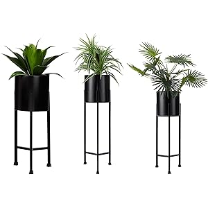 Amazon Brand - Solimo Metal Planters Pot Holder (Round Base) with Metal Plant Stand (Black, Set of 3) | Tall Indoor Plant Stand with Planter Pot, suited for indoor/outdoor