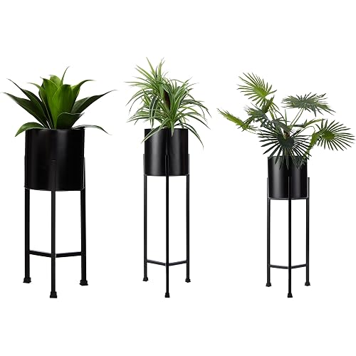 Amazon Brand - Solimo Metal Planters Pot Holder (Round Base) with Metal Plant Stand (Black, Set of 3) | Tall Indoor Plant Stand with Planter Pot, suited for indoor/outdoor