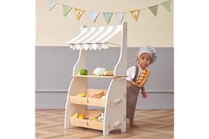 HOOGA PLAYROOM Hooga Wooden Toy Shop, Kids Role Play Shop Market Stand With Realistic Shelving and Fabric Canopy Supermarket Toy - Grey/White