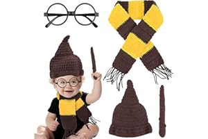 KOVSGQ Baby Fotoshooting Newborn Shooting Outfit Baby Kostüm Neugeborene Fotografie Requisiten Jungen Mädchen Halloween Zauberer Hut Schal Zauberstab Brille Rahmen Häkeln BabyFoto Requisiten
