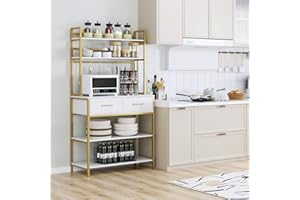 HOCSOK Étagère de Cuisine, Meuble Étagères de Rangement avec 5 Niveaux, 2 tirors, Support de Four à Micro-Ondes de Cuisine pour Ustensile, Blanc+Or