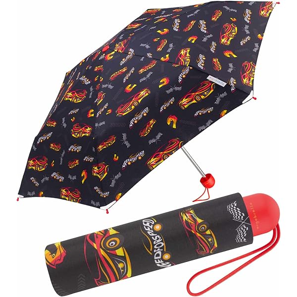 Ergobrella Parapluie De Poche Enfant Avec Éléments Réfléchissants - Voiture De Course, 89 Cm, Ultra Léger Et Sûr