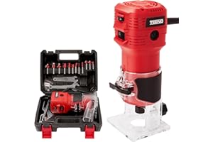 TEENO Fresadora De Madera Rebajadora Eléctrica 650W 15000-32000 RPM CON EXTRACTOR DE POLVO,12 piezas 1/4'' Alicates, 6 Velocidades Variables, Pinza De Base Fija De 6/6.35MM,CON CAJA DE PLÁSTICO
