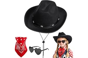 AUYAO Sombrero de Cowboy, 3Pcs Sombrero Vaquero Niños con Bandana y Gafas de Amor, Cowboy Hat Niños, Western Cowgirl Hat para Banda Country Playa Natural Brasileño
