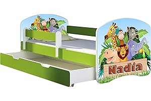 ACMA Letto per Bambino Cameretta per Bambino con Materasso Cassetto II VERDE (02 Il nome Animaletti, 180x80 + Cassetto)