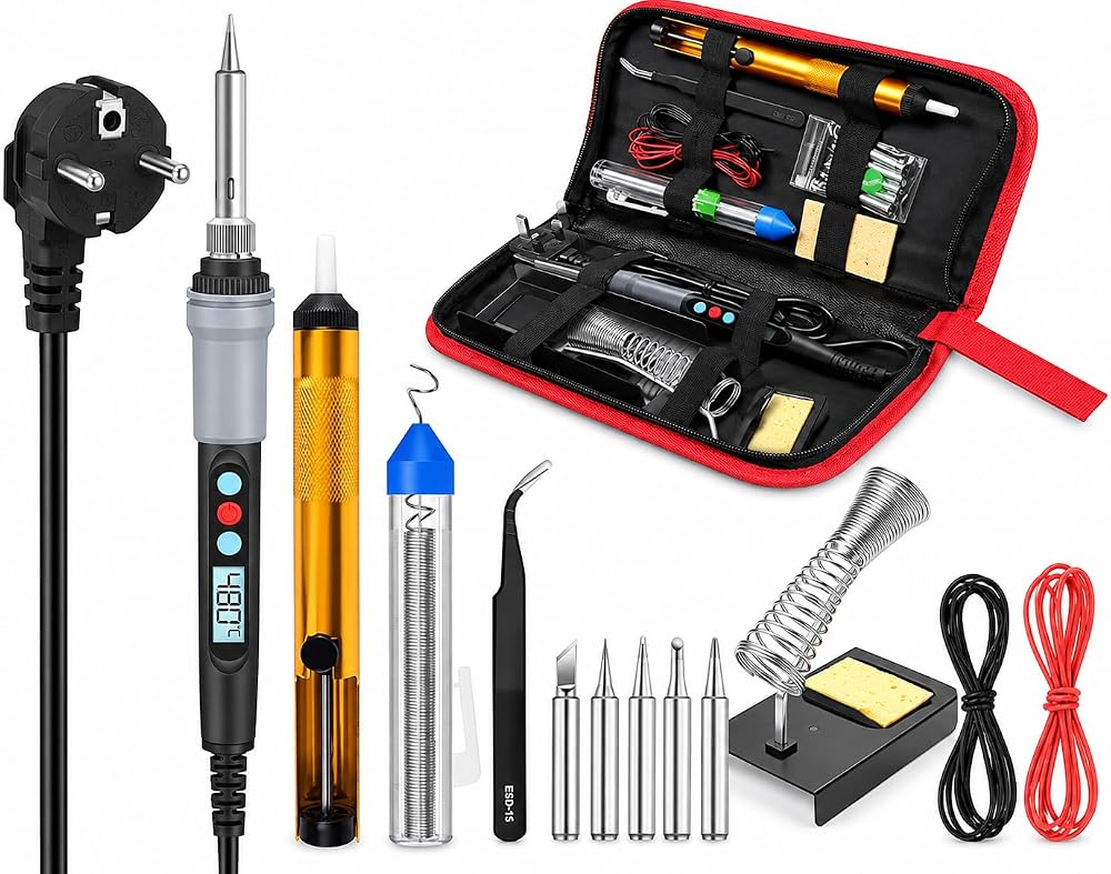 Wellhise S90 90W Çantalı, Ayarlanabilir Sıcaklıklı Havya Lehim Seti, 5 Havya Ucu, Lehim Pompası, Lehim Teli, Stand ve Cımbız