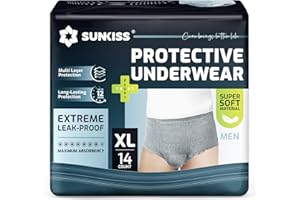 SUNKISS Bielizna na nietrzymanie moczu dla mężczyzn, jednorazowe podciąganie dla dorosłych, męskie majtki ochronne o maksymalnej chłonności, XL, szare, 14 sztuk
