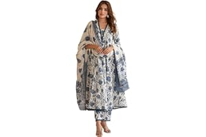 INDACORIFY Blumenbedruckte Kurta aus Anarkali-Baumwolle mit Hose und indischem Dupatta-Anzug