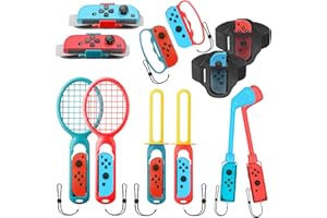LONGYI Switch Sports Accessories Bundle Set,Somatosensory Set Includes Tennis and Badminton Rackets, Fencing Grip, Volleyball Wristband, Bowling Grip, football Leg Straps and Golf Clubs (B)