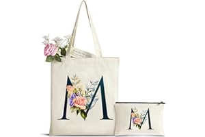 HAMATATA Cadeau Femme Sac Fourre-Tout avec Initiale Fleur, Personnalisés Sac en Toile en Coton Trousse de Maquillage, Cadeaux de Mariée, Cadeau Parfait pour Amie, Mères pour Anniversaire Mariage Voyage Noël M