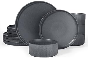 Richmount Star Plates and Bowls Set, Stoneware 12 Pieces Dinner Set for 4, Dinnerware Sets with Dinner Plates/Salad Plate/Cereal Bowls, Dishwasher & Microwave Safe, Matte DarkCharcoal