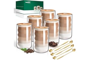 twoant Lot de 6 tasses à café en verre borosilicate à double paroi de 400 ml avec 6 cuillères, tasses à café cappuccino, latte, thé, verre borosilicate résistant à la chaleur