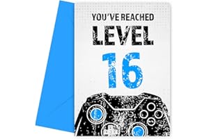 HEY CHIMP Gamer 16th Birthday Card for Boy - Black & Blue Reached Level 16 Bday Cards for Son, Great Grandson, Nephew or Brother. Gaming Happy Birthday Card for 16