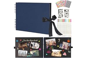 Boic Photo Album Scrapbook 80 Black Pages, Memory Book Guest Book for Anniversary Wedding Valentines Day, DIY Gift Scrapbooking Kits with 12pcs Markers Pens (Blue)
