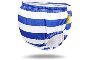 SWIWBOBO Swimbobo Reusable Absorbent Swim Diaper Washable Striped Swim Trunks for Baby Boys and Girls (L, Blue Stripe)