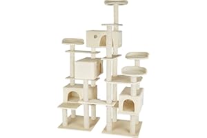 Tectake 800920 Arbre à Chat Griffoir géant XXL Hauteur 214 cm 4 Cabanes 2 Cordes à Jouer - Diverses Couleurs (Beige)