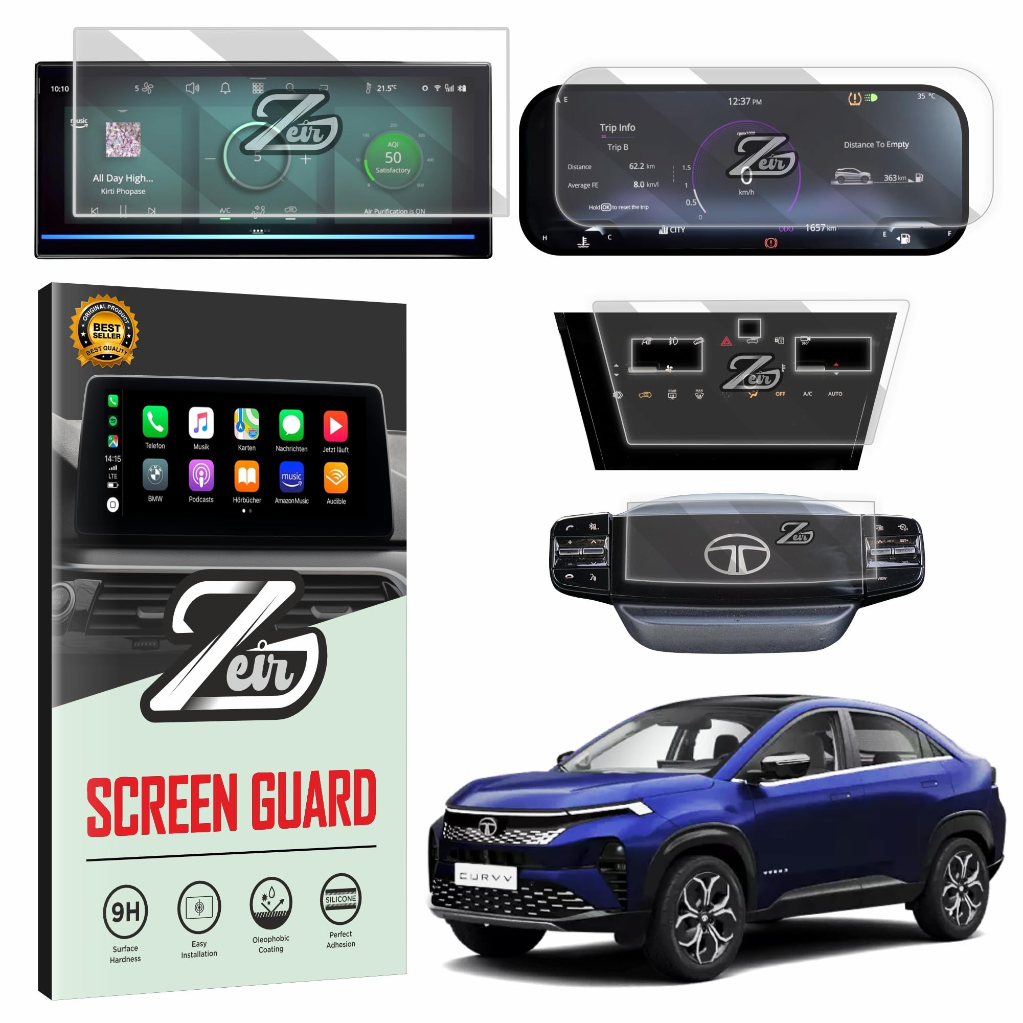 ZEIR [4 PACK Screen Protector For TATA CURVV 10.25 Inch Infotainment + Instrument + Digital Steering + AC Control | 2024 TataCurvv Display Guard Accessories [Not Tempered Glass]