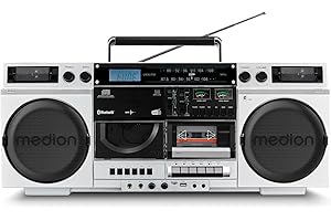 MEDION P66538 Kassettenrecorder (Retro Ghettoblaster mit CD-Player, 80er, groß, USB, SD, CD, Kassetten MC, DAB+ Radio Teleskopantenne, Bluetooth, Kassettendeck, Aufnahmefunktion, Batteriebetrieben)