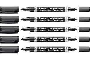 Staedtler Lumocolor Permanent Duo Permanent Marker, Rotulador con Punta Fina y Mediana, Resistente A Las Manchas y Al Agua, de Secado Rápido, Recargable, de Larga Duración, 5 Rotuladores Negros