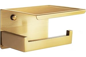 HITSLAM Uchwyt na papier toaletowy w kolorze szczotkowanego złota z półką na telefon, samoprzylepny mosiężny uchwyt na papier toaletowy do łazienki, stal nierdzewna SUS 304, dwa sposoby montażu