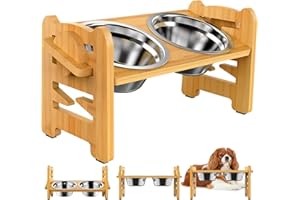 BSTMOME Elevated Dog Bowls - Adjustable Raised Dog Bowls - Dog Bowls with Stand - Dog Feeding Station for Small Dog and Cat with 2 Stainless Steel Bowls and Non-Slip Feet, Durable, Bamboo (Wooden)