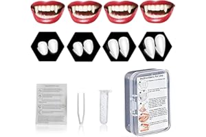ROMANVIC 4 Pairs Vampir Zähne Kit 4 Größen Vampirzähne Halloween Cosplay Vampir Fangs Gefälschte mit 1 Rohr Zähne Pellets Klebstoff für Party Cosplay, Halloween, Demon, Witch