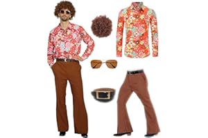 minkasic 70s Disco Costume Set Hippie Men Outfit with Flared Pants Shirt for 50s 60s 70s Cosplay Halloween Party