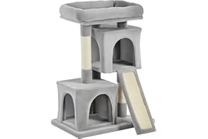 PawHut Albero Tiragraffi per Gatti Adulti e Gattini con Pali in Sisal, Lettino e 2 Casette con Rivestimento in Peluche, 59x39x83cm, Grigio Chiaro