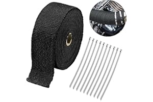 SacJkt 5cm x 5m Exhaust Heat Wrap Tape, Black Exhaust Manifold Downpipe Heat Wrap Kit with 10 pcs Stainless Ties, Fiberglass Exhaust Shield Wrap Roll for Motorcycle Car
