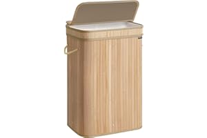 SONGMICS Kosz na bieliznę z pokrywką, bambusowy kosz na bieliznę, wyjmowany worek na pranie i nadający się do prania w pralce, z uchwytami, 72 litry, do pralni, sypialni, naturalny beż LCB061N01