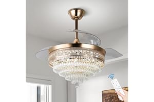diisunbihuo 42“ Gold Dimmbar LED Kronleuchter mit Licht Moderner LED Kristall Deckenventilator mit Licht Unsichtbare Kronleuchter 3 in 1 Farbe mit Memory Funktion