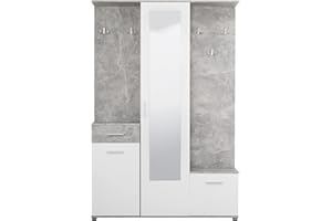Arredo Stock Mobile da ingresso con armadio, portascarpe, specchio cassetto ed attaccapanni bianco con finiture effetto cemento, 133x197x33 cm