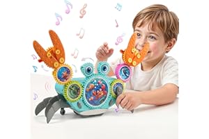Meribbit Giocattoli di Ingranaggi, 2 modalità, Evitamento Intelligente Ostacoli Gioco Educativi, Giocattolo Educativo STEM, Granchio Che Cammina Neonato, Blocchi di Costruzione con Musica e Luci