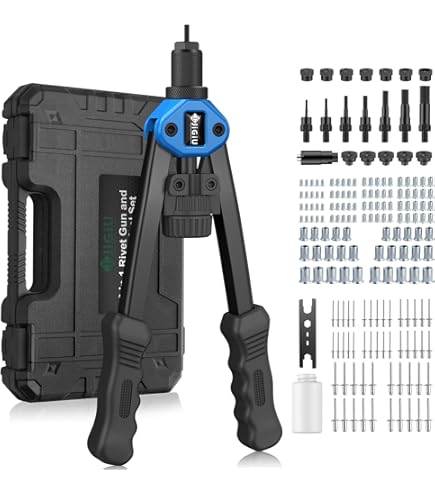 Klinknagelmoer, klinknagelpistool, ruimer 3 in 1, JiGiU 360° draaibare kop professionele klinknagel setter kit met 4 doorns, 4 klinknagelkop en 2 uitruimende doorns, 40 klinknagels en 40 moeren