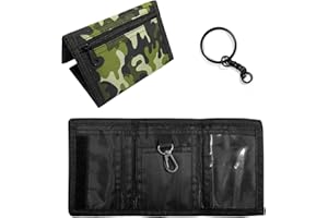 ZWZNBL Uniwersalny jednoczęściowy portfel, z czarnym breloczkiem do kluczy, wyściełany portfel z tkaniny Oxford, składany portfel na zamek błyskawiczny dla mężczyzn i kobiet (kamuflaż zieleń wojskowa),