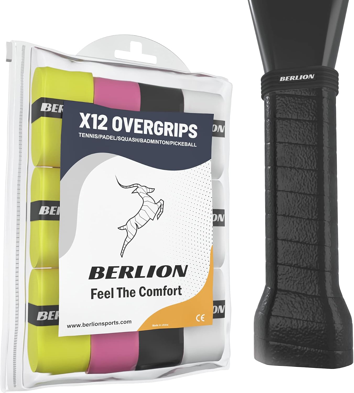 BERLION - 12 Overgrip Padel Pala o Grip Cinta Raqueta Tenis - con Goma o Anillo Protector de Empuñadura Padel Rugoso
