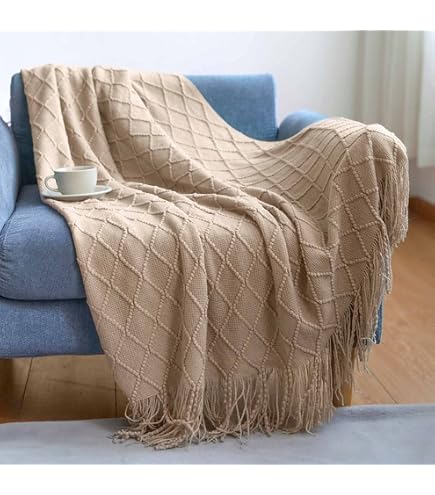 Jeté De Canapé Extra Large 180x280 Cm – Tissu Chenille Doux – Style Boho Avec Pompons – Orange