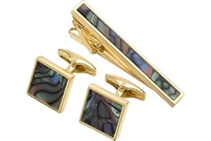 Jonwo Polished Natural Abalone Men Cufflinks and Tie Clip Set Silver Tone 14K Gold Plated Men Tie Pin Cufflinks for Wedding Tuxedo Shirt Party Birthday Anniversary