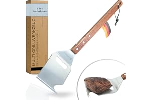 Multi Tool Grillspachtel | 8in1 Grillwerkzeug | Der Alleskönner am Grill mit edlem Akazienholz Griff | Grillbesteck Edelstahl | hochwertiges Grill Besteck | Grill Zubehör | Grill Geschenke für Männer
