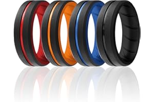 ROQ Silicone Rubber Wedding Ring for Men, Comfortable, Men's Wedding Band, Breathable Rubber Engagement Band, 2 Thin & Middle Lines, Beveled Edge & Engraved Duo, Multi Packs, Multi Colors