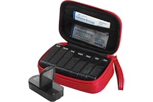 YELOUMISS Pill Box 7 Day 2 Times a Day Weekly Pill Organiser with Portable Zipper PU Leather Bag BPA Free AM PM Travel Pill Dispenser for Medication Capsule Vitamins Fish Oils (Red)