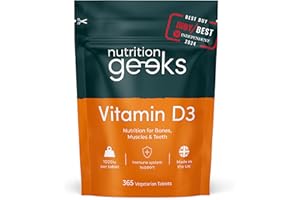 NUTRITION GEEKS Vitamin D 1000iu - 1 Year Supply, 365 Easy-Swallow Vitamin D Tablets, Vegetarian D3, High Strength Immune Support Supplement - Awarded by The Independent UK