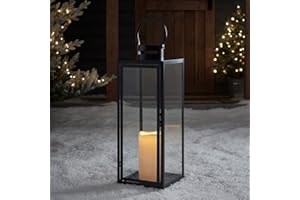 Lights4fun Extra Large Black Metal Battery Operated Fully Waterproof Outdoor Garden LED Candle Lantern for Indoor Outdoor Use 65cm