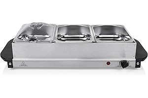 Tristar Servidor de Buffet, Capacidad total de 4,2 litros, mantiene caliente, calientaplatos, tapas incluidas, temperatura ajustable, 200 W, acero inoxidable, plata, BP-6283